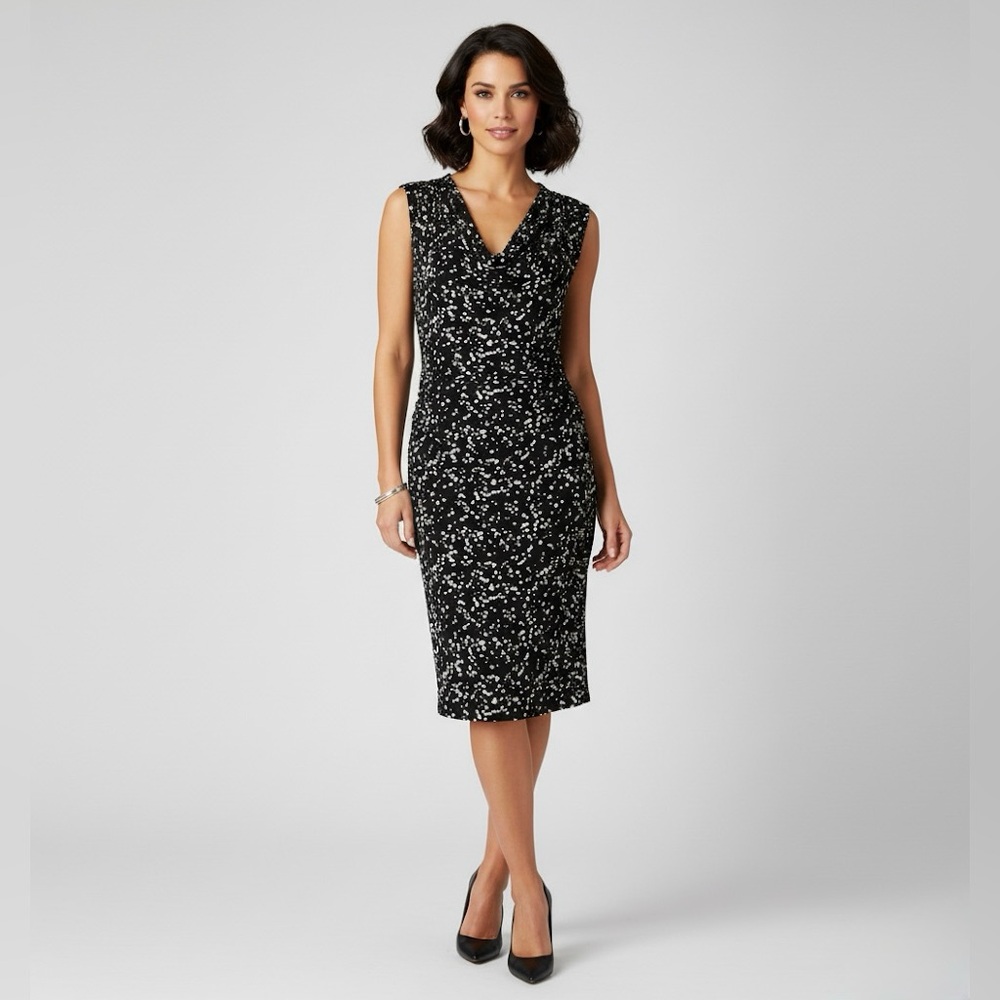 Michael Kors Brown White Splattered Polka Dots Cowl Neck Cap Sleeve Ruched Dress